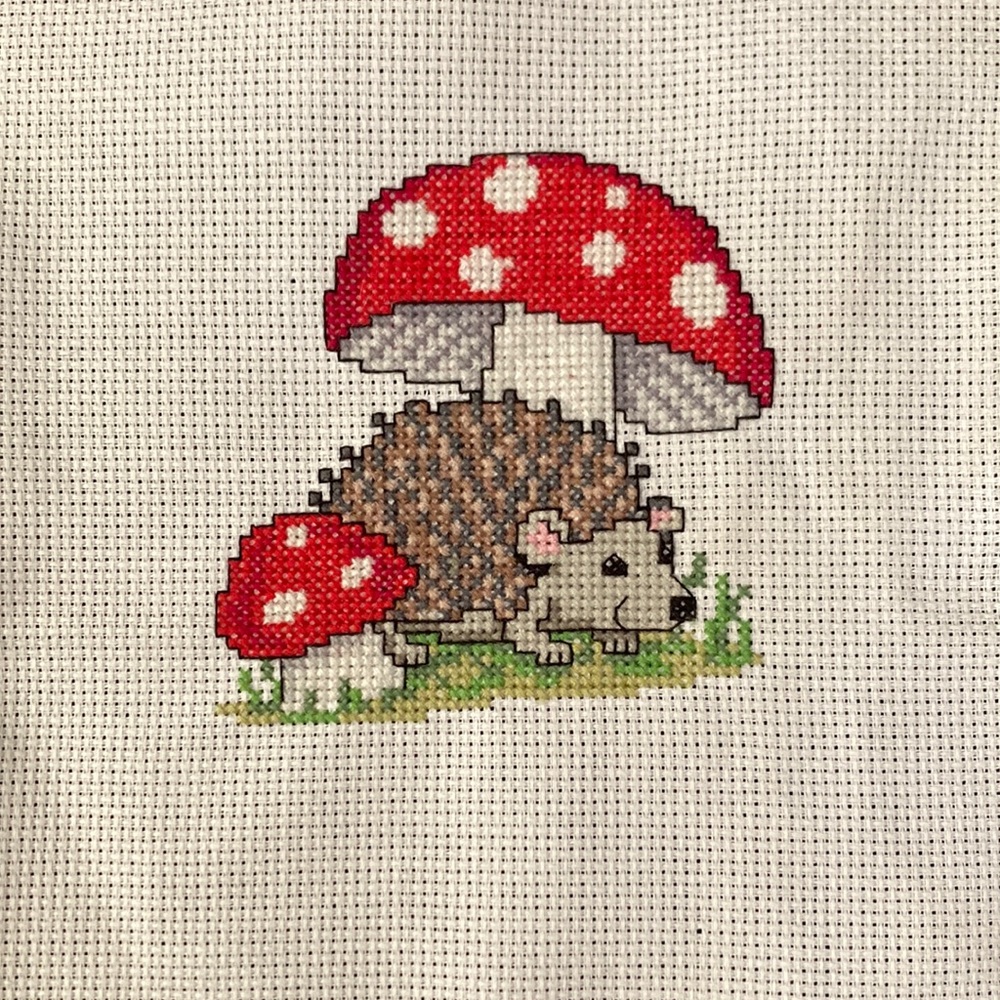 Hedhog with mushrooms counted cross stitch not framed
